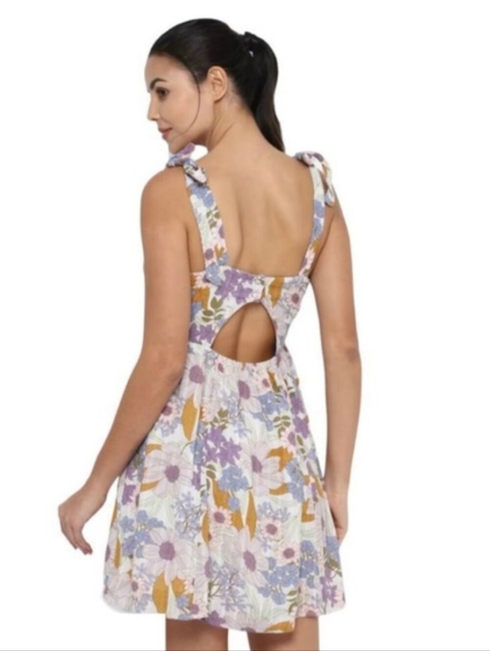 AE 70s Floral Print Corset Style Cutout Open Back Mini Dress Tie Straps, Size XS